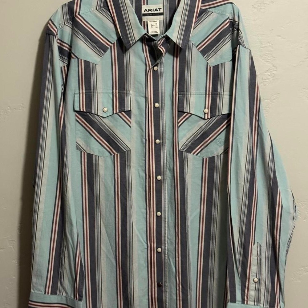 Ariat Retro Fitted Striped Western Snap Shirt Mens XXL Aquifer Plaid 10071089